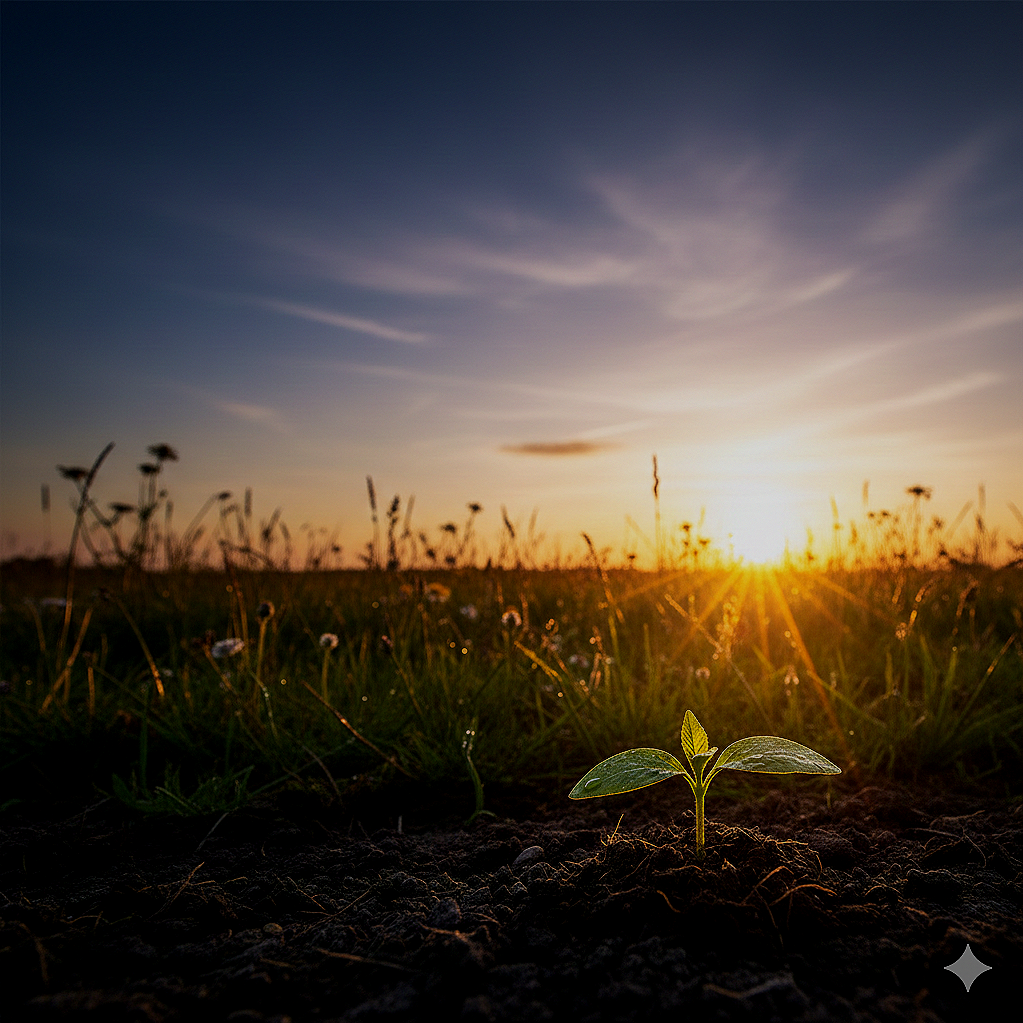A young plant growing in dark soil during sunset with a field and a sky with clouds in the background.