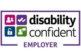 Logo with four colored icons and the words 'disability confident employer'.