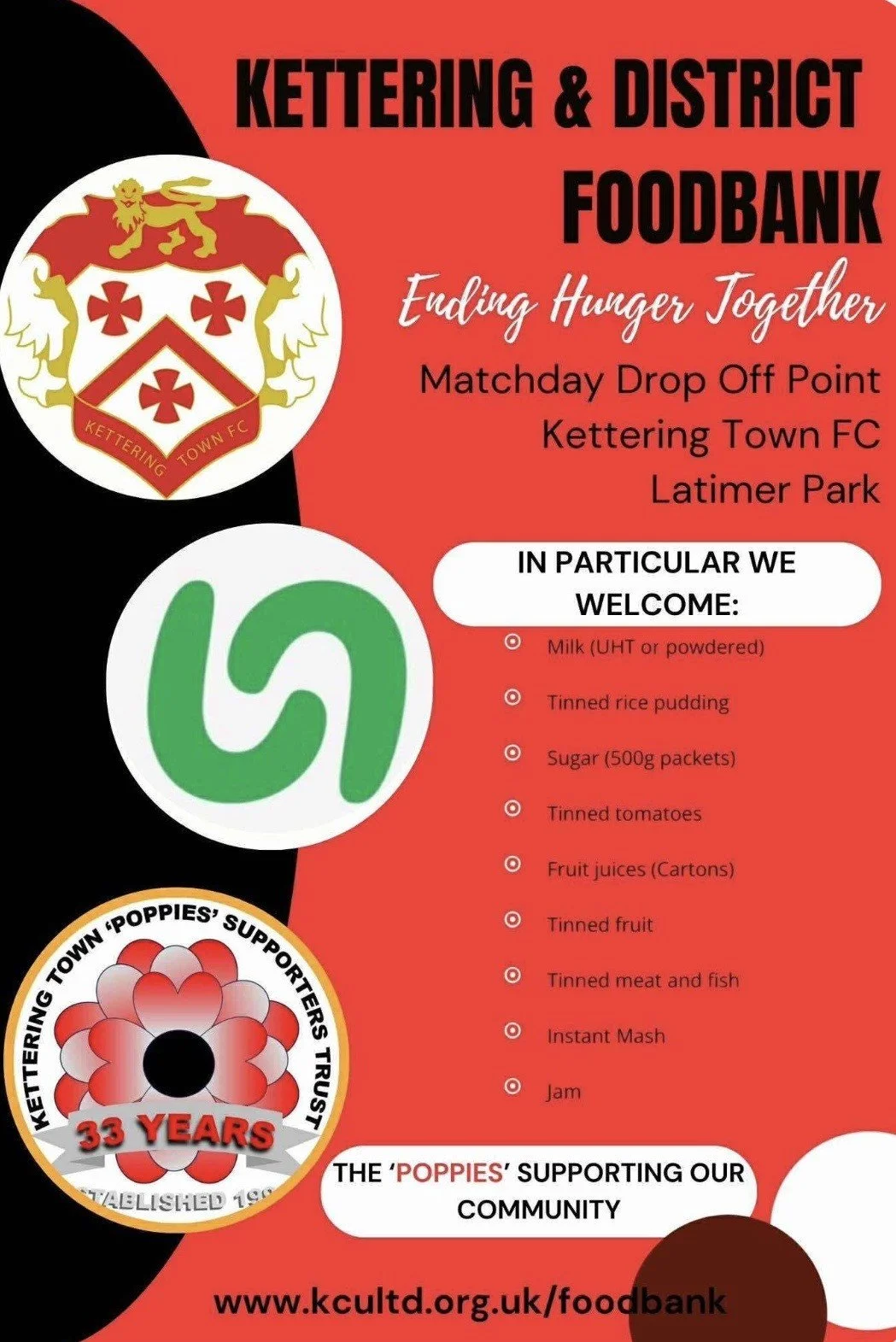 Flyer for Kettering & District Foodbank with logos of Kettering Town FC and Poppies Support Trust, and list of accepted donations.