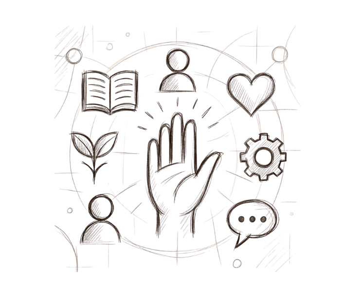 A sketch of a central hand with rays extending outward, surrounded by icons representing a person, an open book, a heart, a gear, a speech bubble, and a plant, symbolizing concepts such as community, learning, love, technology, communication, and growth.