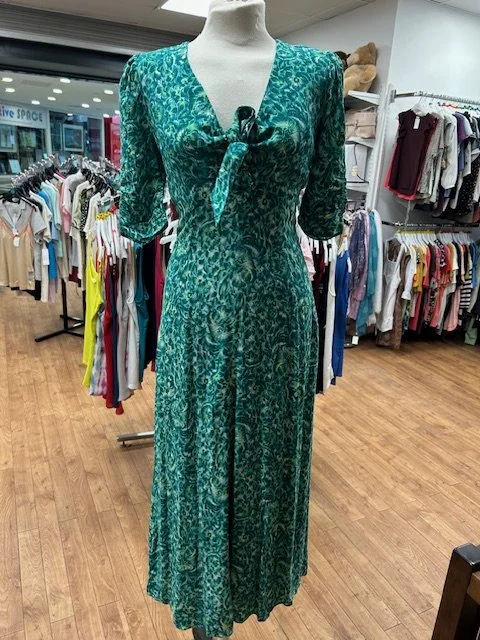 Whistles green clouded floral tie midi dress