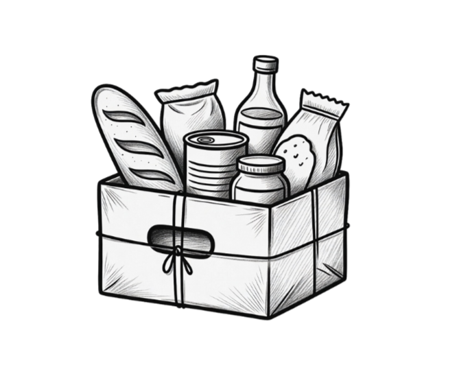 Black and white illustration of a cardboard box filled with various grocery items, including a baguette, a bag, a bottle, a jar, a can, and a snack bag.