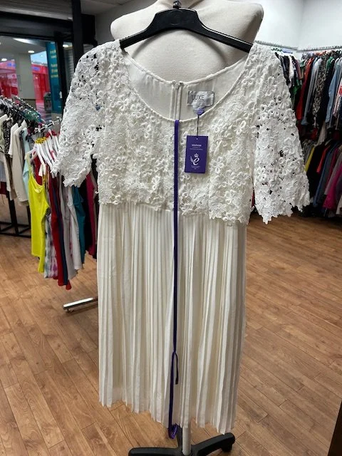 White Seraphine lace top pleated maternity nursing dress