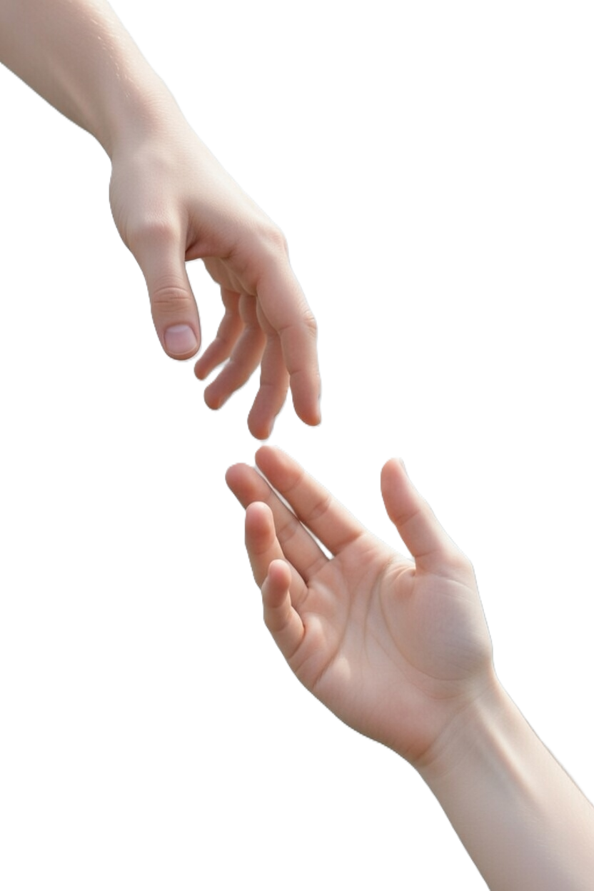 Two hands reaching towards each other, one above and one below, with fingers almost touching.