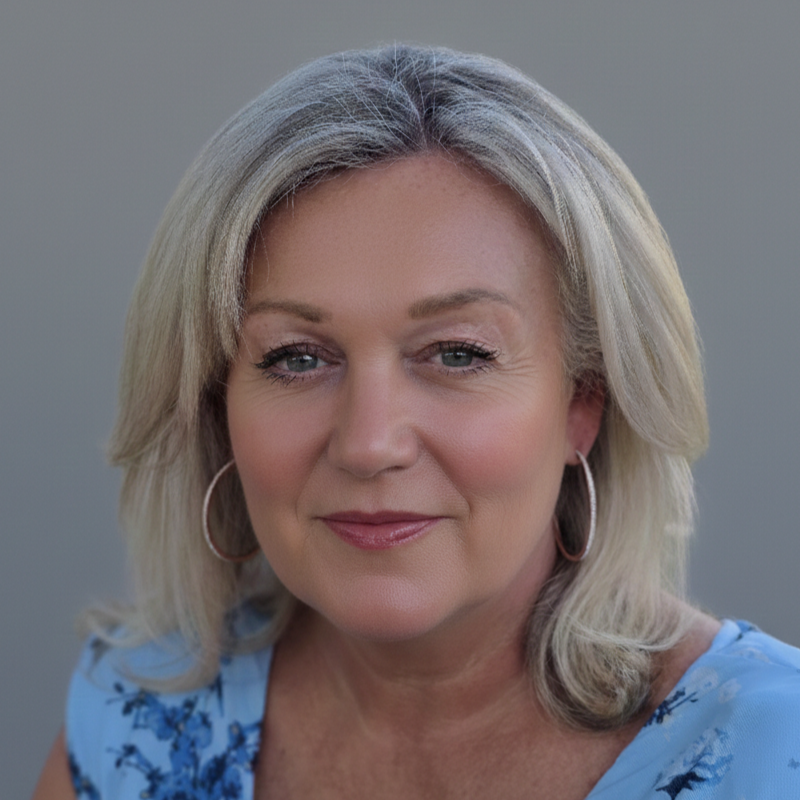 Close-up portrait of a middle-aged woman with blond hair, wearing hoop earrings and a blue floral top, looking at the camera with a slight smile.