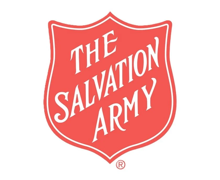Red shield-shaped logo for The Salvation Army with white text.