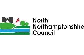 Logo of North Northamptonshire Council featuring green hills, a river, trees, and a castle silhouette.