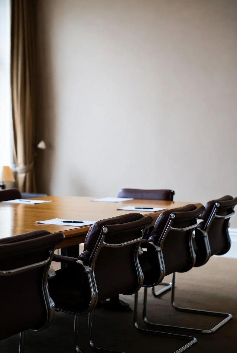 Empty conference room with a large wooden table, brown leather chairs, paper, and pens, with beige walls and curtains.