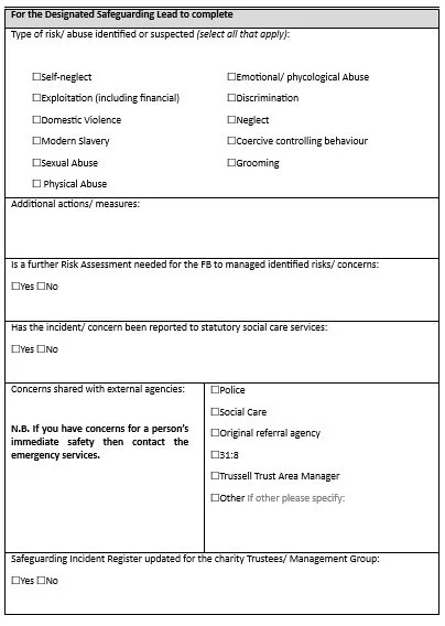 A form titled 'For the Designated Safeguarding Lead to complete,' with checkboxes for risks such as self-neglect, exploitation, domestic violence, modern slavery, sexual abuse, and physical abuse. It includes sections for additional measures, risk assessment necessity, incident reporting, concerns with external agencies, and safeguarding incident register updates.