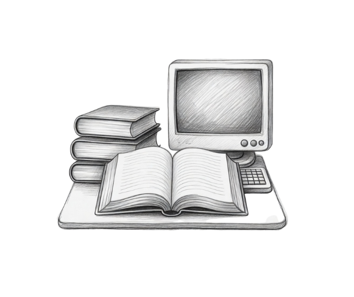 A drawing of a desk with a computer monitor, a keyboard, four stacked closed books, and an open book.