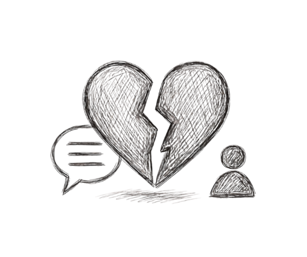 Sketch of a broken heart, a speech bubble, and a person icon.