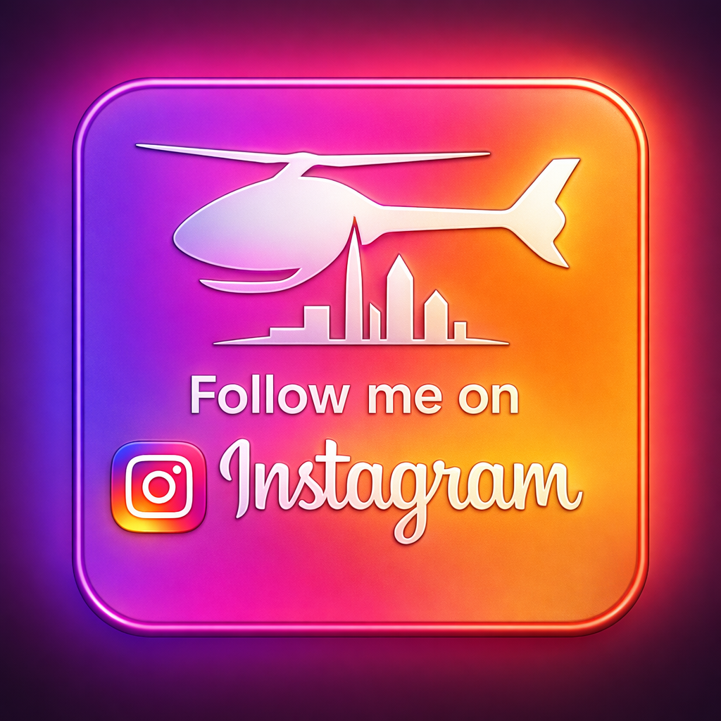 A neon sign with a helicopter and city skyline, encouraging viewers to follow on Instagram.