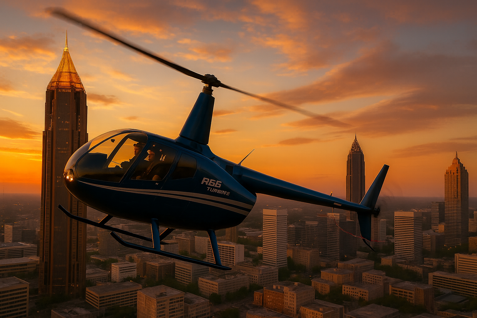 A helicopter flying over a cityscape at sunset with tall skyscrapers in the background.
