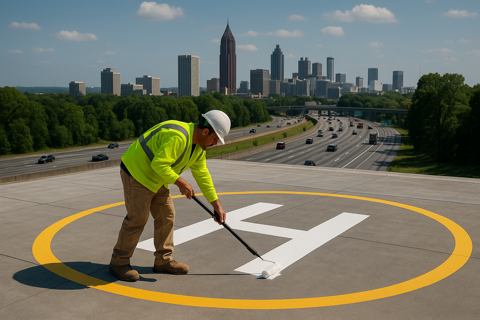 A worker in a yellow safety jacket and white helmet is painting a helipad symbol on a rooftop parking lot with a cityscape in the background.