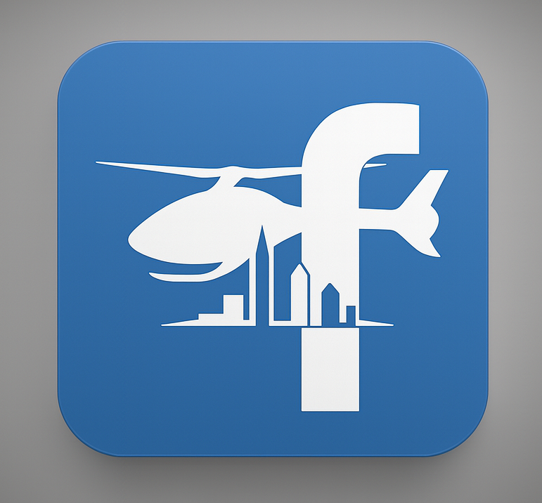 A blue sign with a white helicopter, the Facebook logo, and a city skyline underneath.
