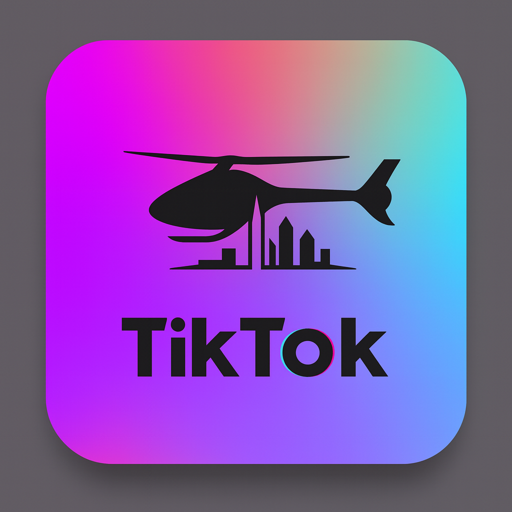 TikTok app icon with a helicopter and a city skyline silhouette on a colorful gradient background.