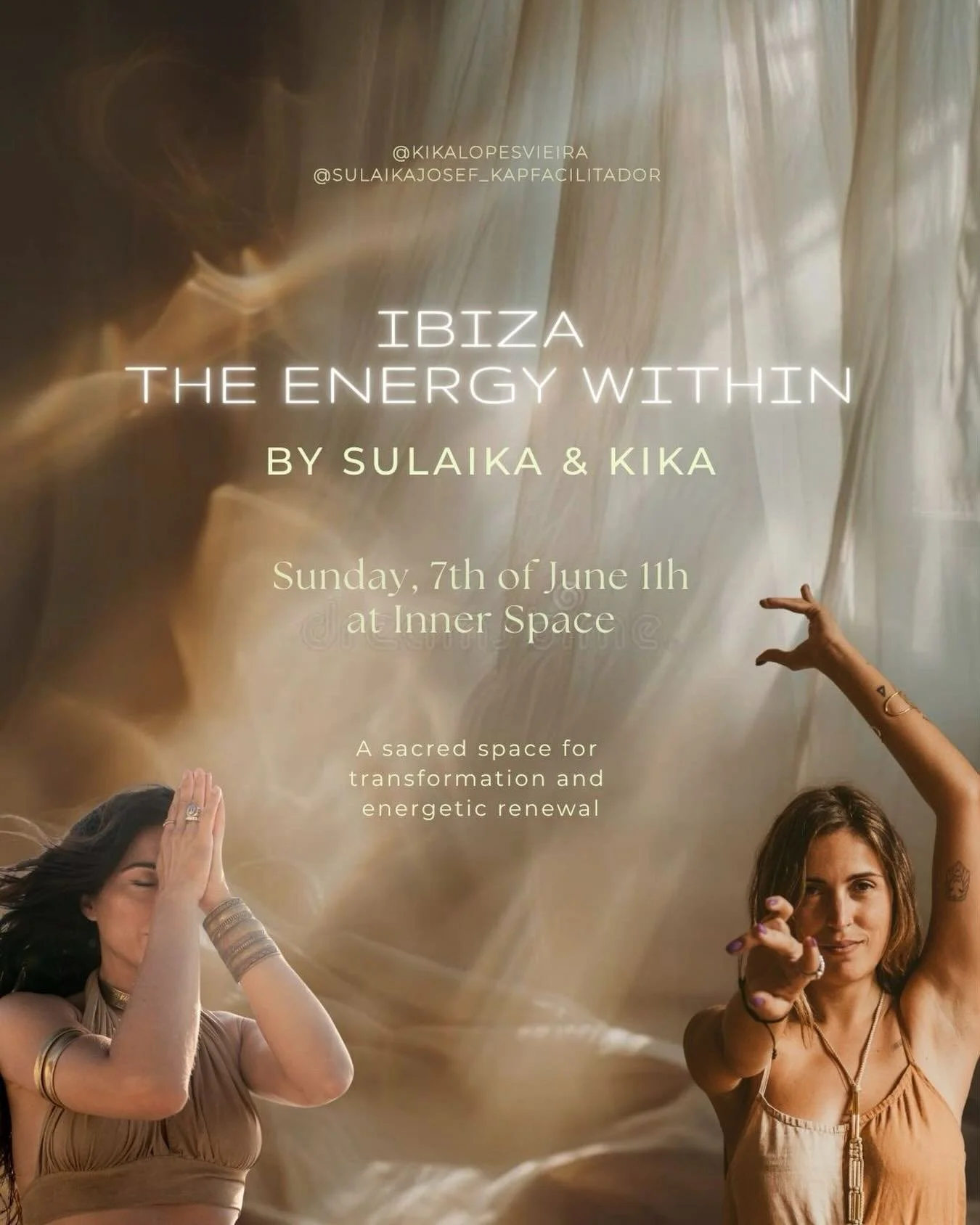✨ THE ENERGY WITHIN ✨

There is an energy within you waiting to be felt, released, and brought into alignment.
An energy that speaks through the body, the breath and presence.

On June 7th, in Ibiza at Inner Space, we invite you to join a session of 