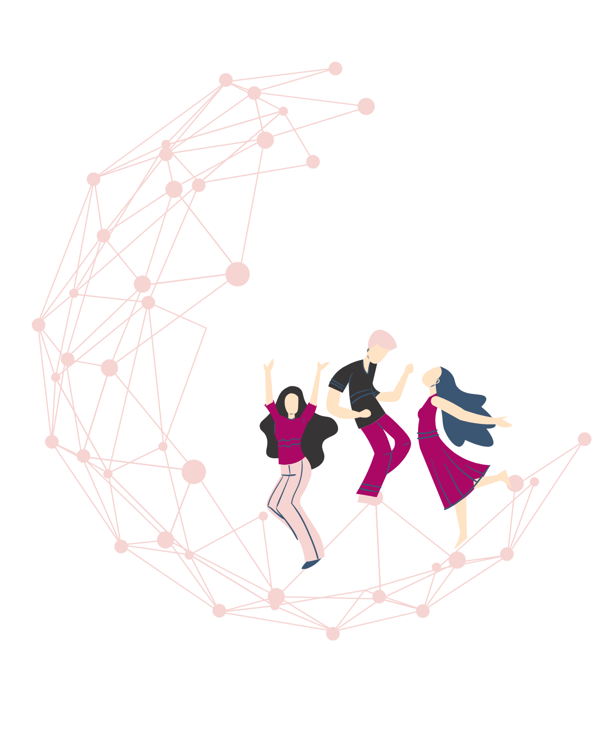 Illustration de trois personnes dansant sur un croissant de lune en réseau de points et lignes sur fond noir.