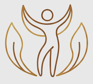 A stylized human figure with arms raised surrounded by abstract leaf-like shapes.