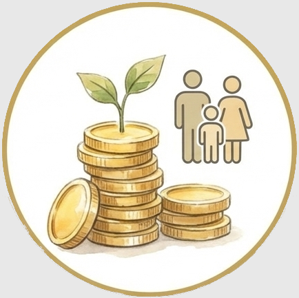 Stack of coins with a small plant sprouting from the top, and a silhouette of a family of three in the background.