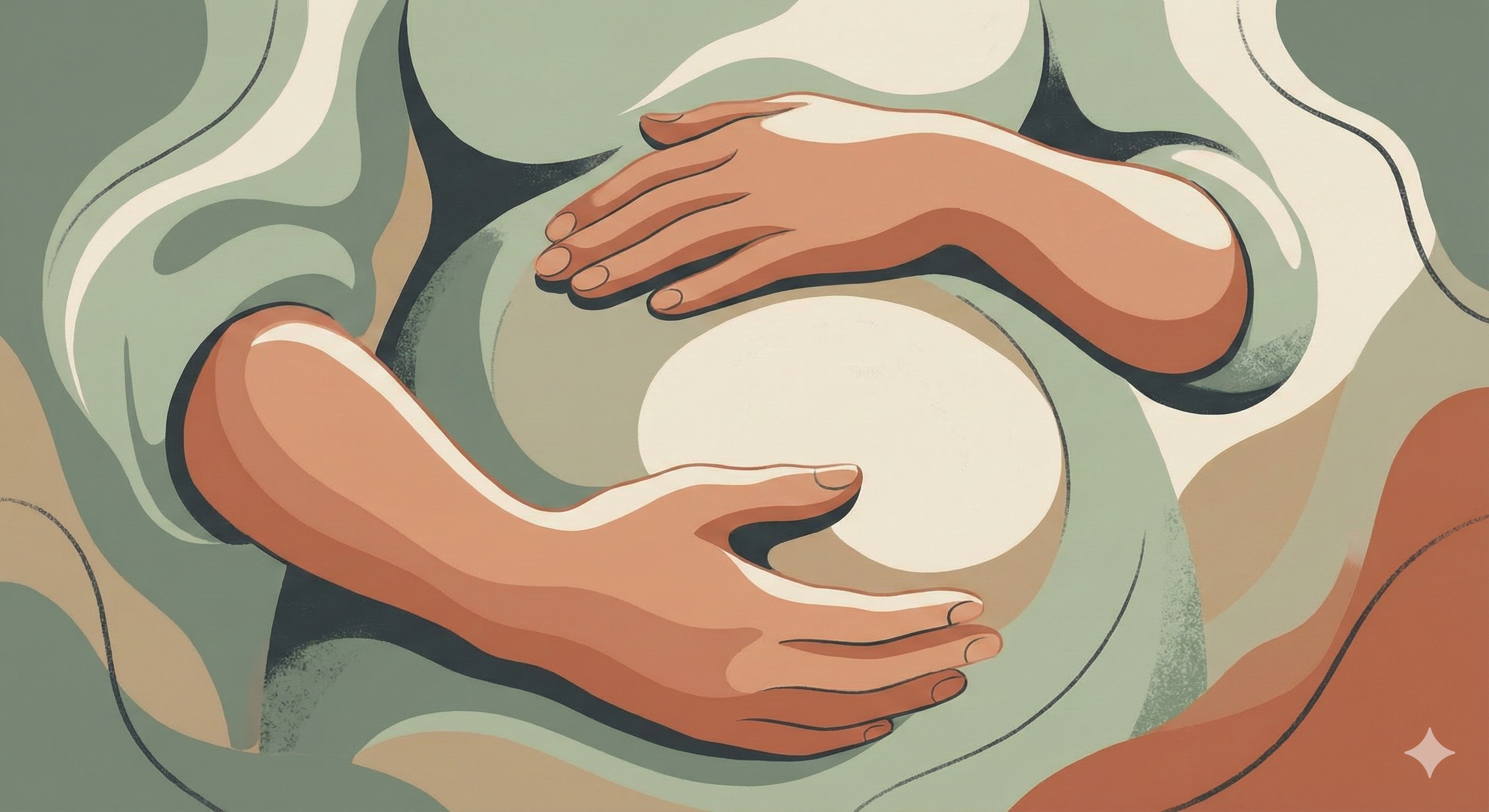 Abstract illustration of two hands cradling a circular shape, with flowing shapes and muted colors in the background.