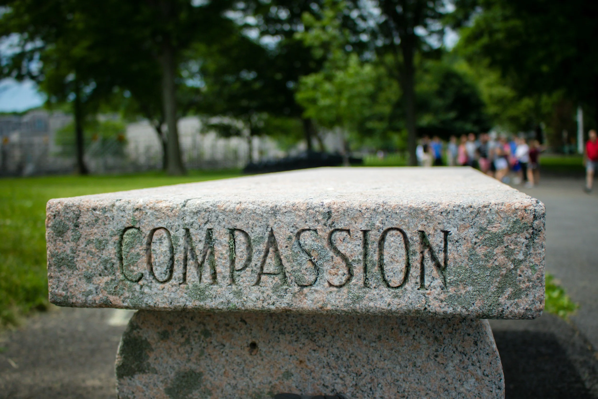 Close-up of a stone bench engraved with the word "COMPASSION" at a park with trees and people in the background.