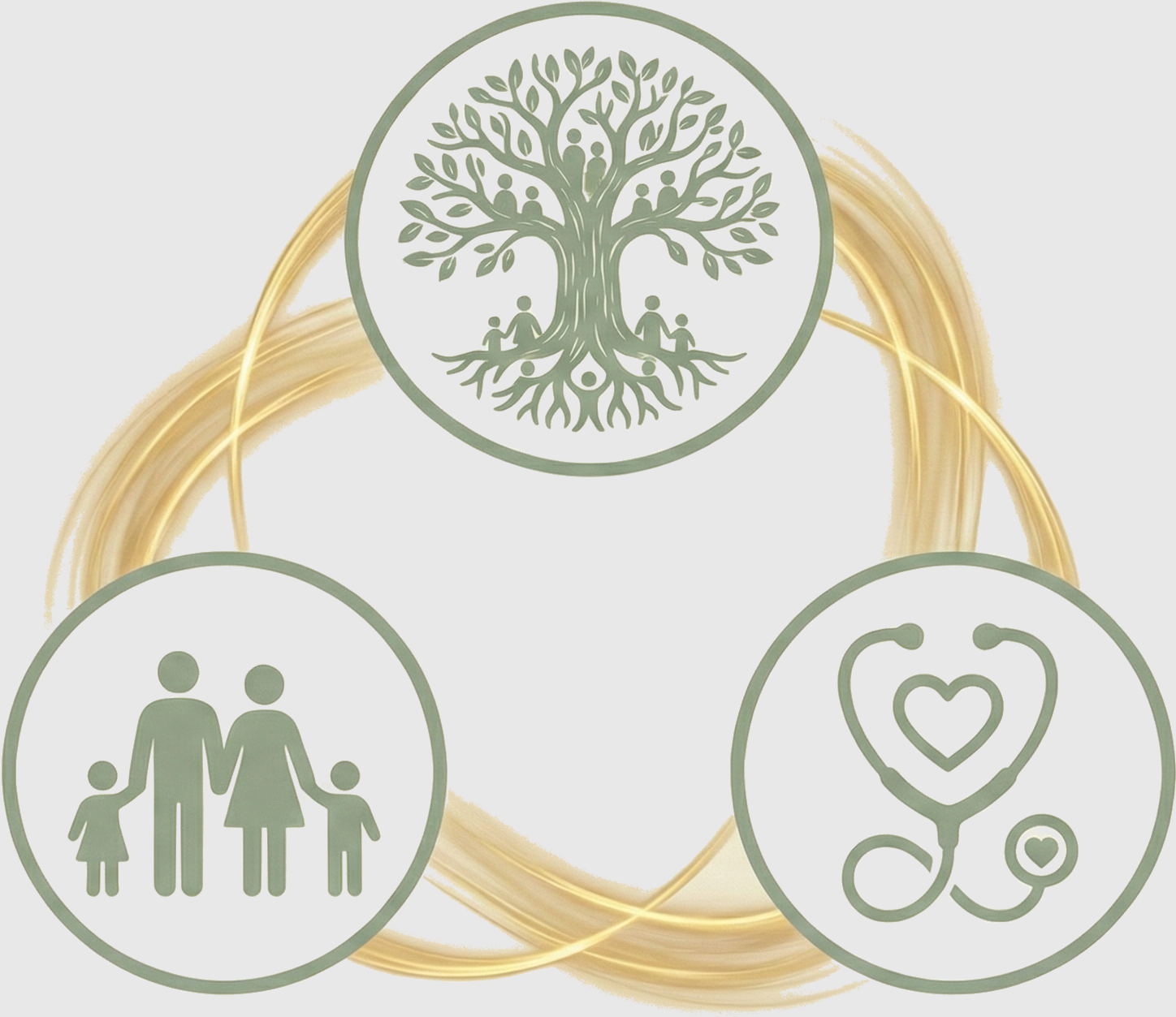 A central logo depicts a tree with people sitting on its branches and roots. Surrounding it are three circular icons: one of a family with two adults and two children, one of a stethoscope with a heart in the middle, and one of a tree with leaves and people sitting underneath.