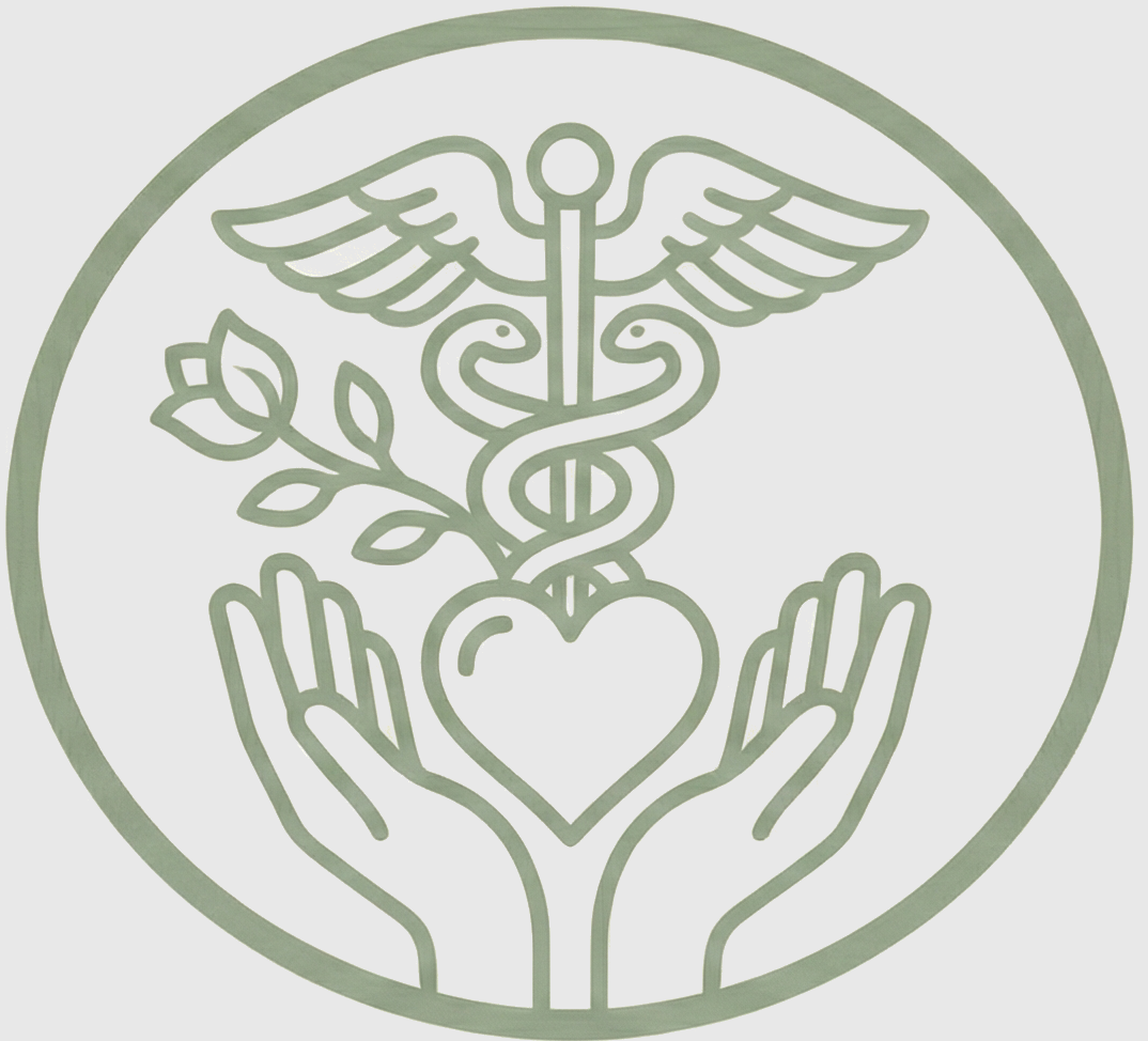 A medical emblem featuring a caduceus, heart, sprouting plant, and open hands enclosed in a circle.