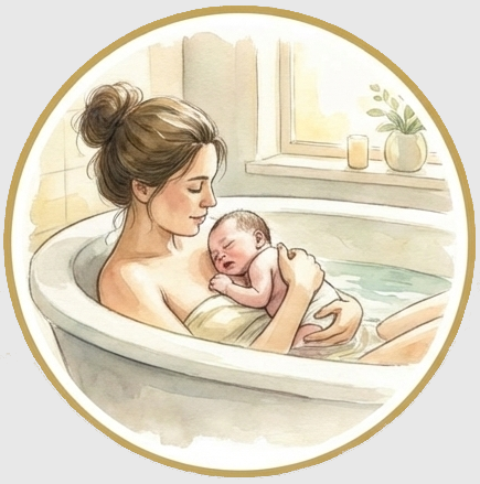 A woman is holding a sleeping baby in a bathtub in a bathroom with sunlight coming through a window.