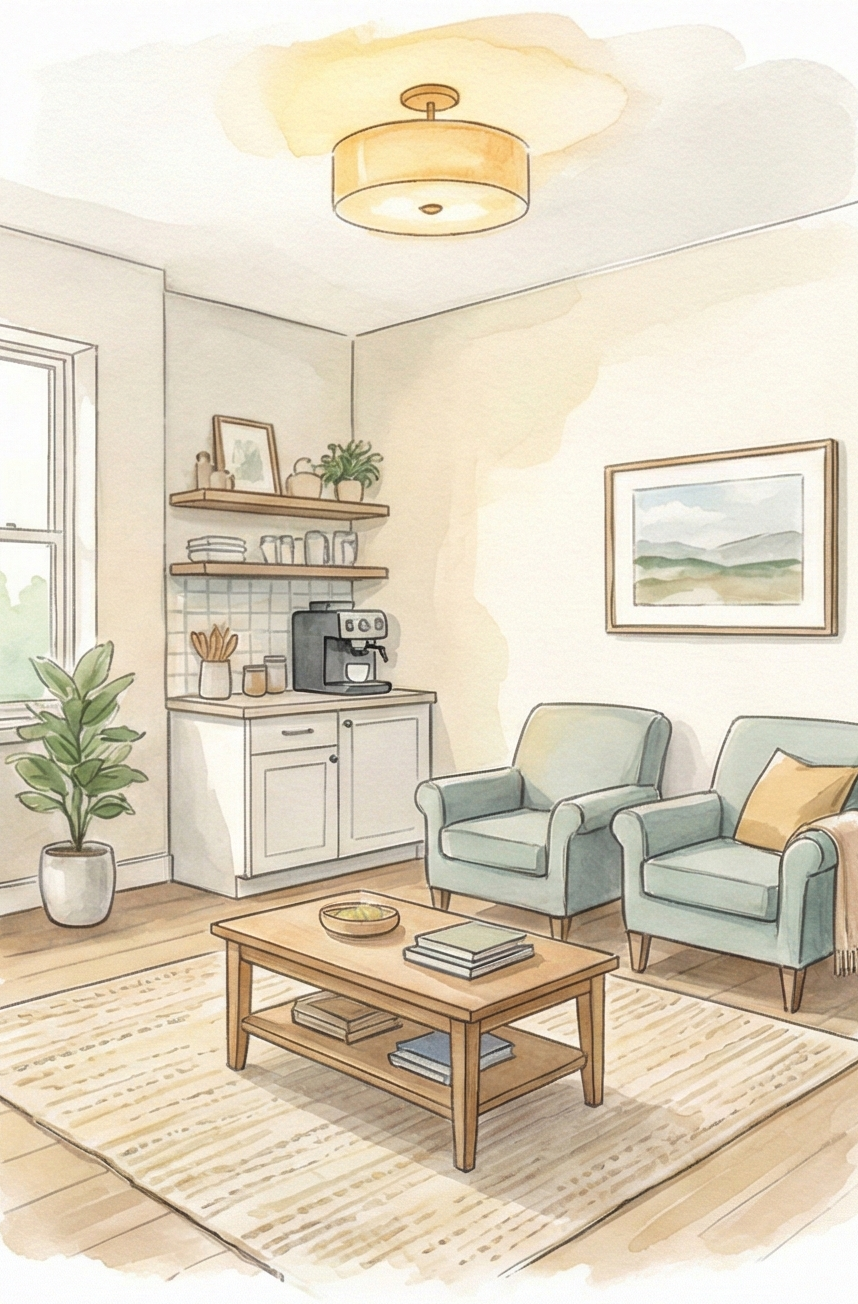 A cozy living room with two light blue armchairs, a wooden coffee table with books and a bowl, a patterned area rug, a potted plant, a window, wall art, and a small kitchenette with shelves, a coffee machine, and kitchenware.
