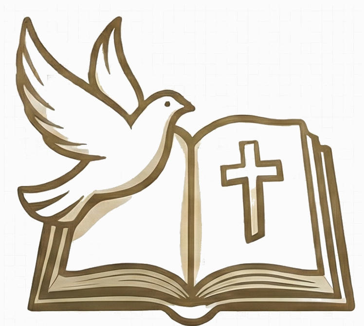 Illustration of a dove flying over an open Bible with a cross on one page.