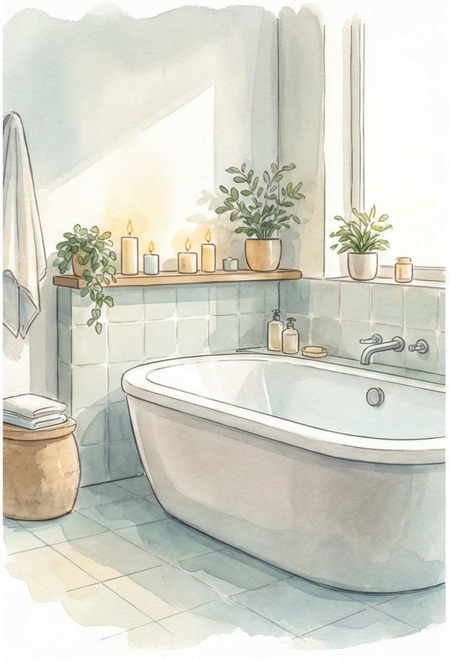 A cozy bathroom with a bathtub, candles, potted plants, and toiletries.