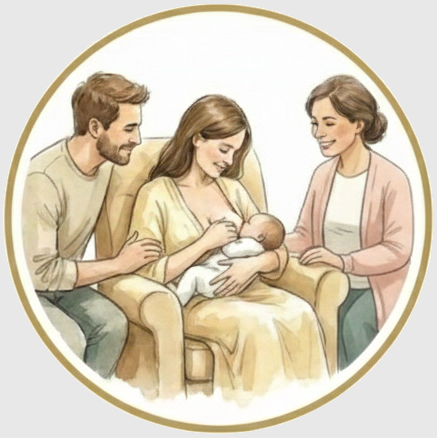 A family holding a newborn baby in a hospital or home setting, with two adults, a woman and a man, sitting beside her, smiling and looking at the baby.