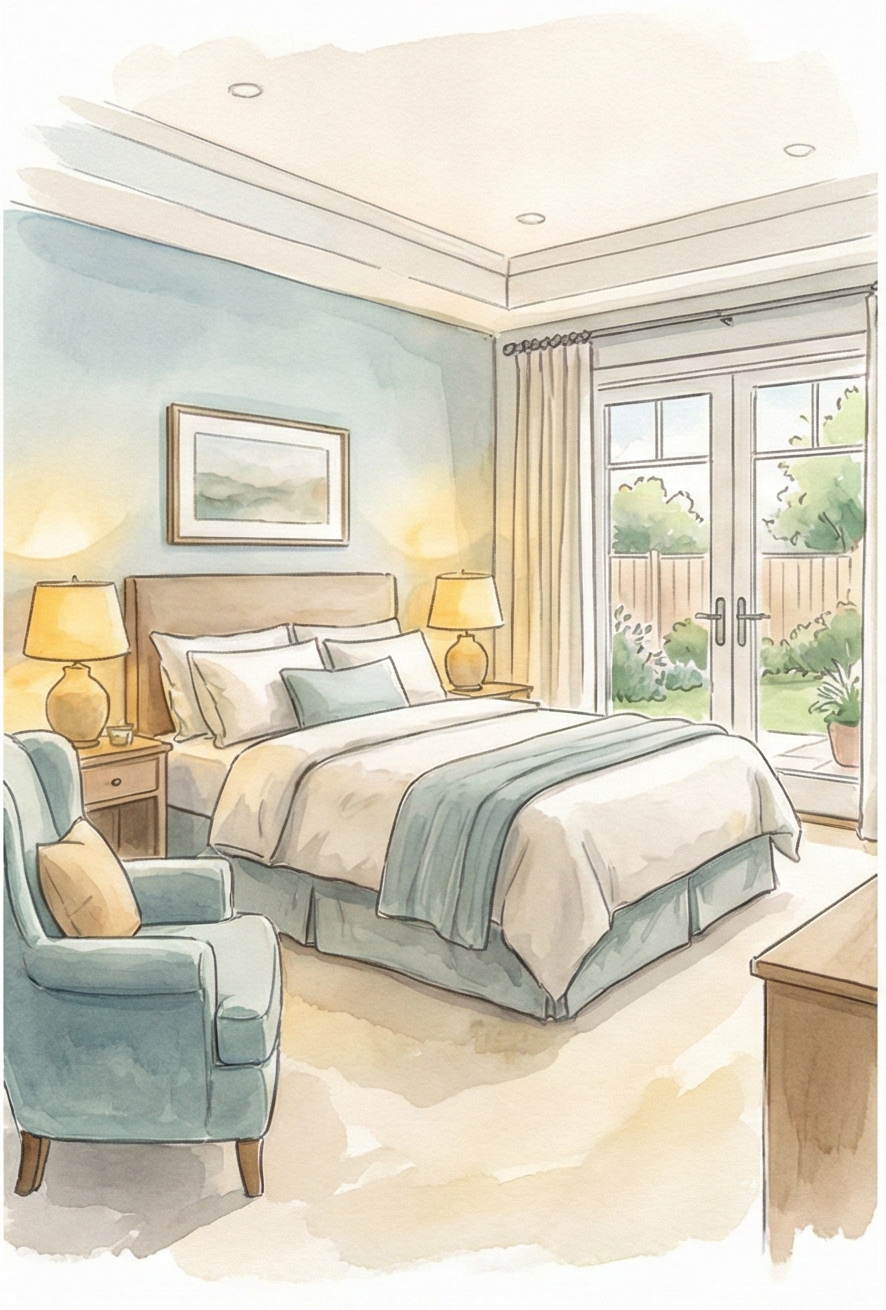 A cozy bedroom with a bed, nightstands with lamps, an armchair with a pillow, and large double doors leading to a garden outside.