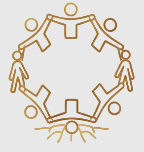 Line drawing of stylized human figures holding hands in a circle with a central circle connecting them, symbolizing unity or teamwork.