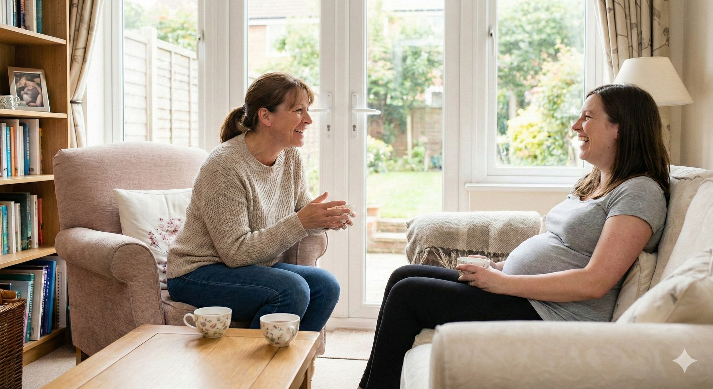 Two women sitting on sofas facing each other in a living room, smiling and talking. One woman is holding a mug, and the other has a cup. There are books on a shelf and large windows in the background showing a garden.