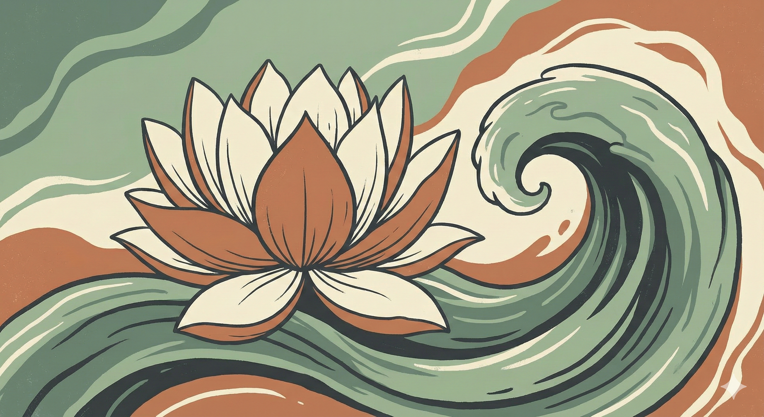 Stylized illustration of a lotus flower floating on water with swirling waves in shades of green, brown, and cream.