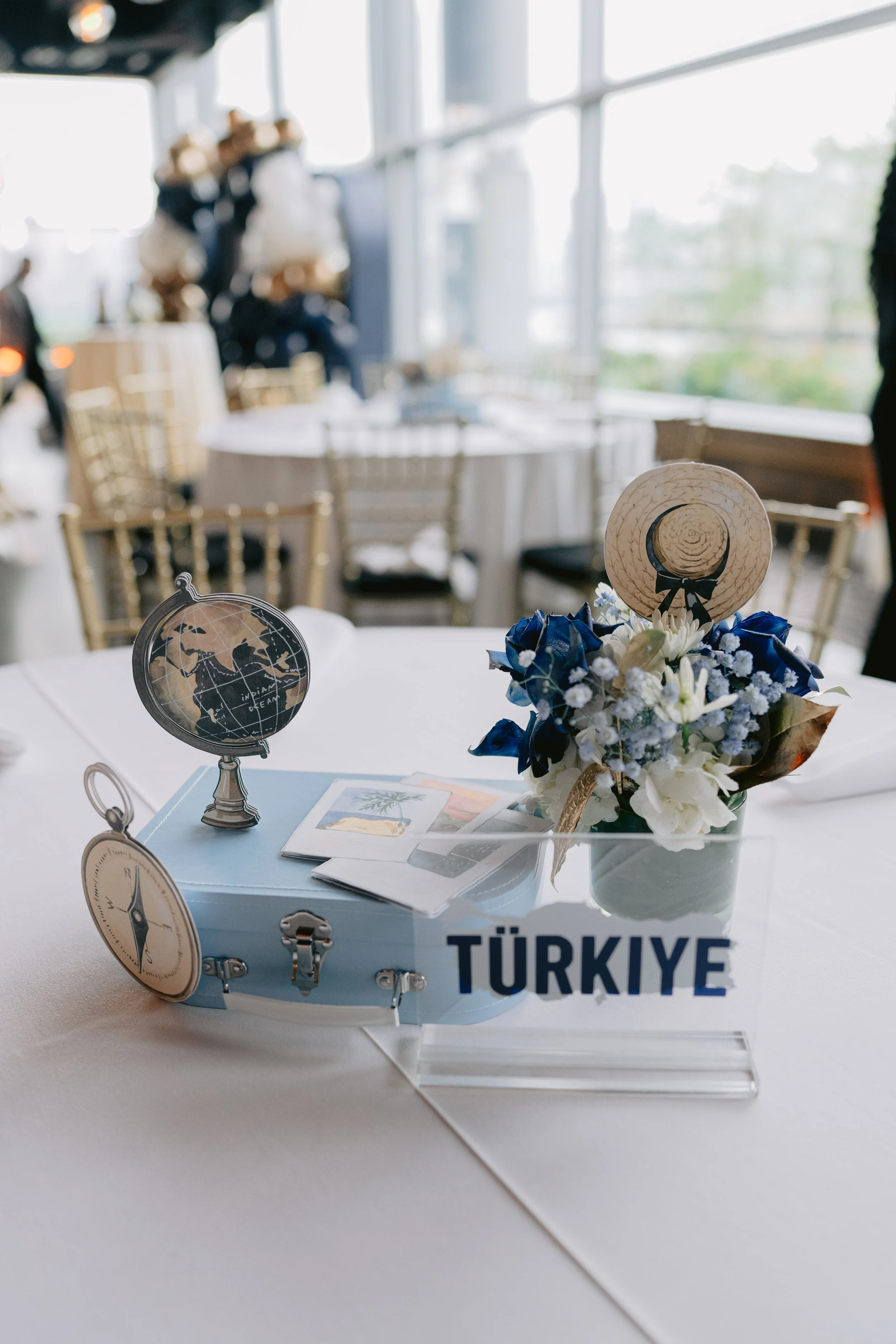 A table display with a small blue suitcase labeled "TÜRKİYE," decorated with 3D paper cutouts of a globe, a clock, and a straw hat, along with a flower arrangement. In the background, there are blurred tables and chairs, large windows, and a bright, 