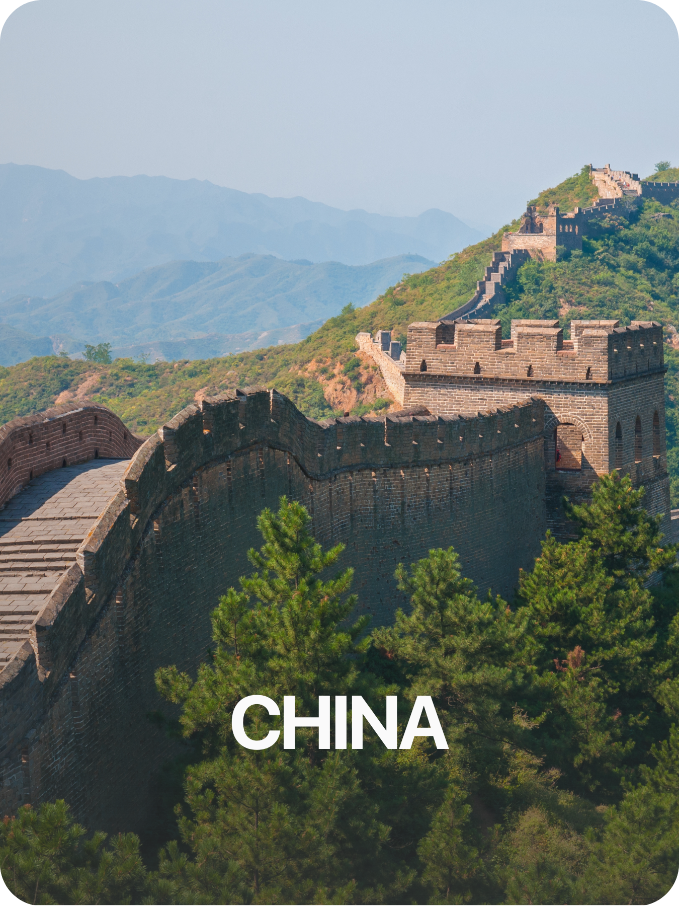 Muro de la Gran Muralla China serpenteando por una montaña con árboles verdes en primer plano y montañas en la distancia