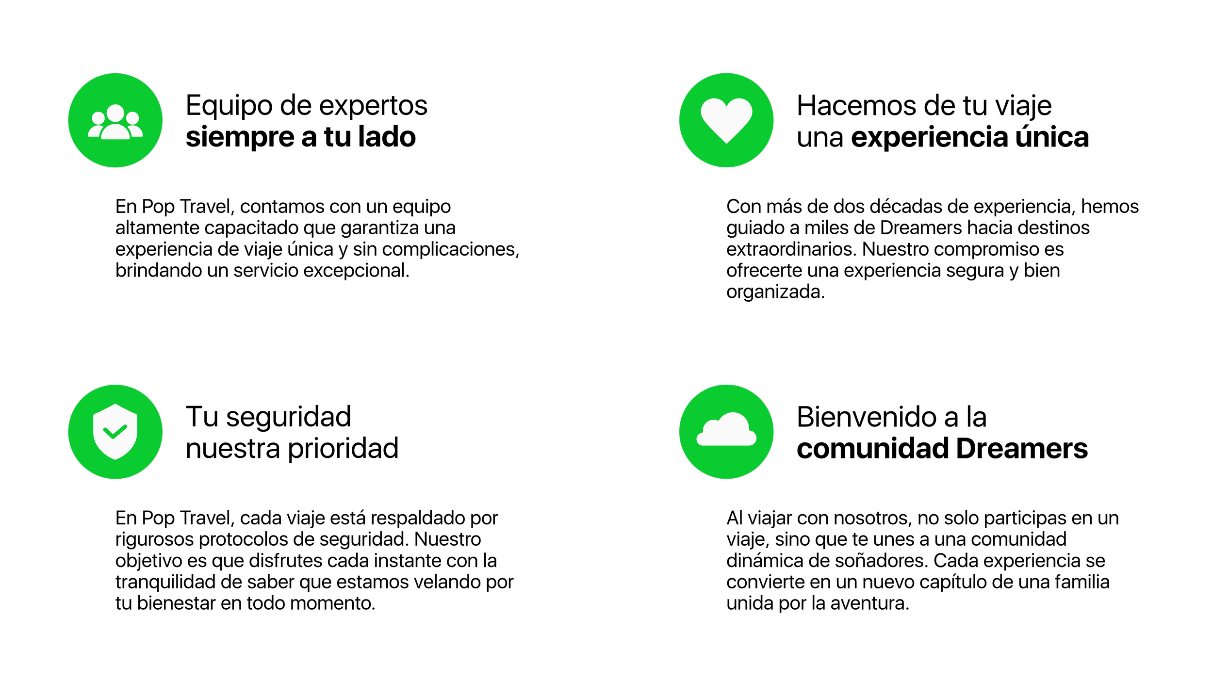 Diagrama con cuatro círculos verdes, cada uno con diferentes iconos: uno con un grupo de personas, otro con un corazón, uno con un escudo con marca de verificación y el último con una nube