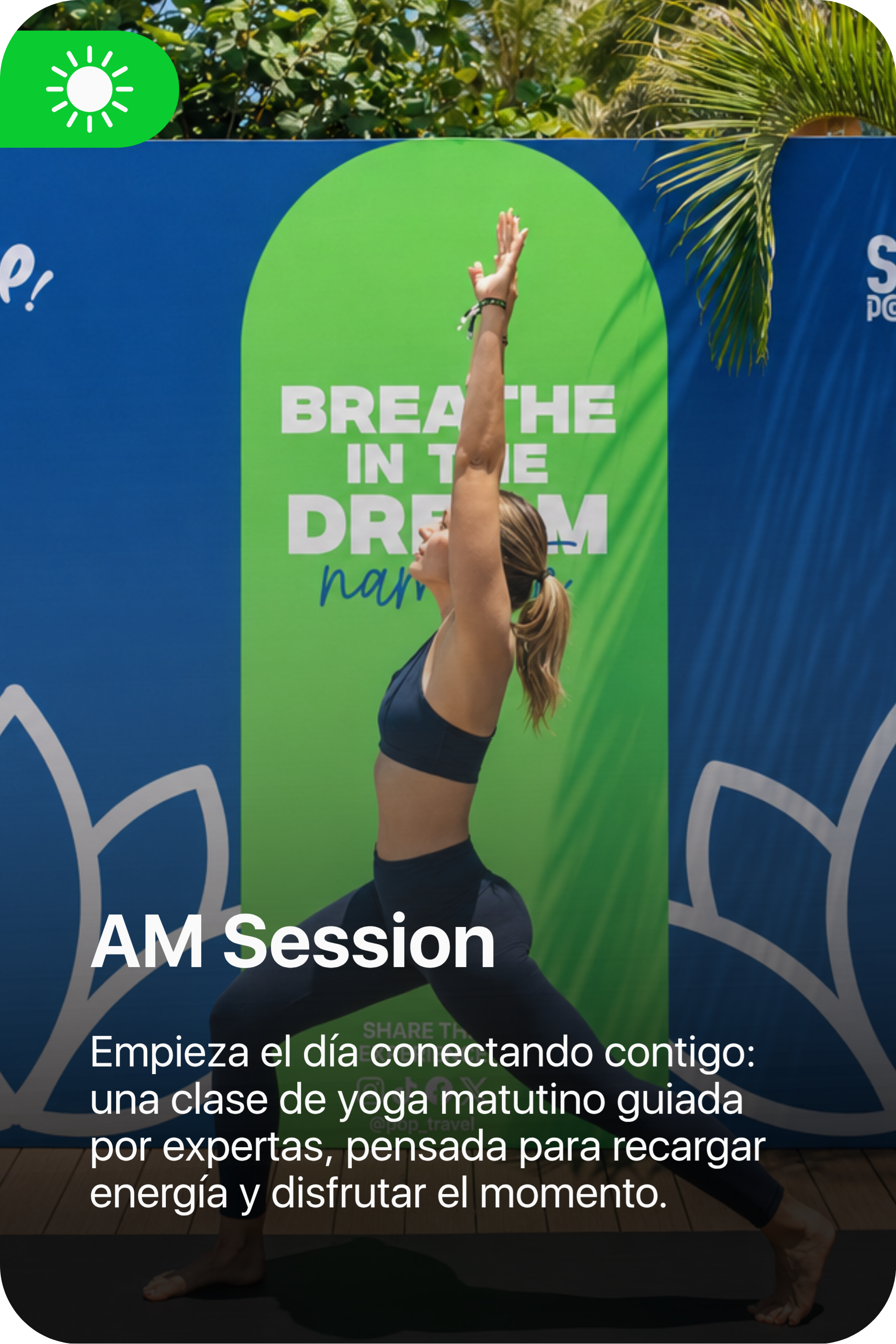 Una mujer desde atrás, haciendo yoga en la playa, con palmeras y el mar al fondo.