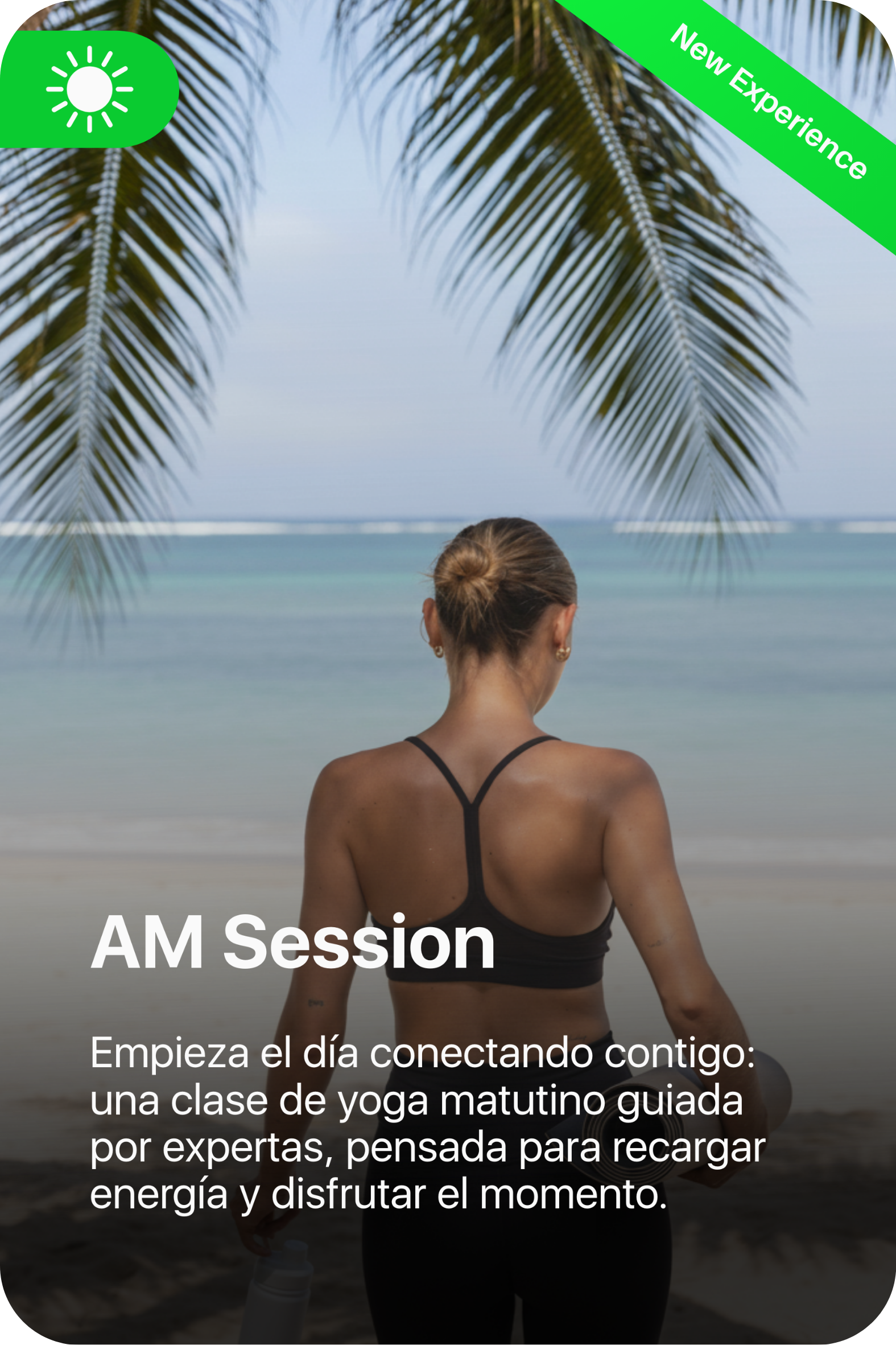 Una mujer desde atrás, haciendo yoga en la playa, con palmeras y el mar al fondo.