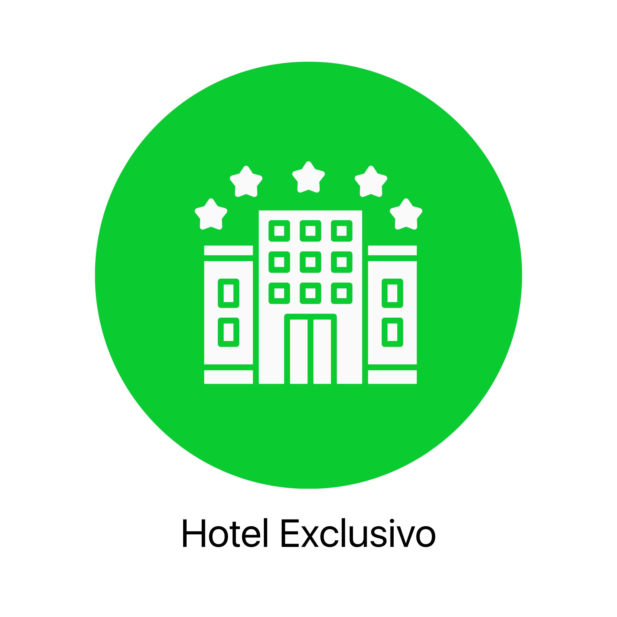 Icono de un edificio grande con cinco estrellas encima y un fondo verde circular.