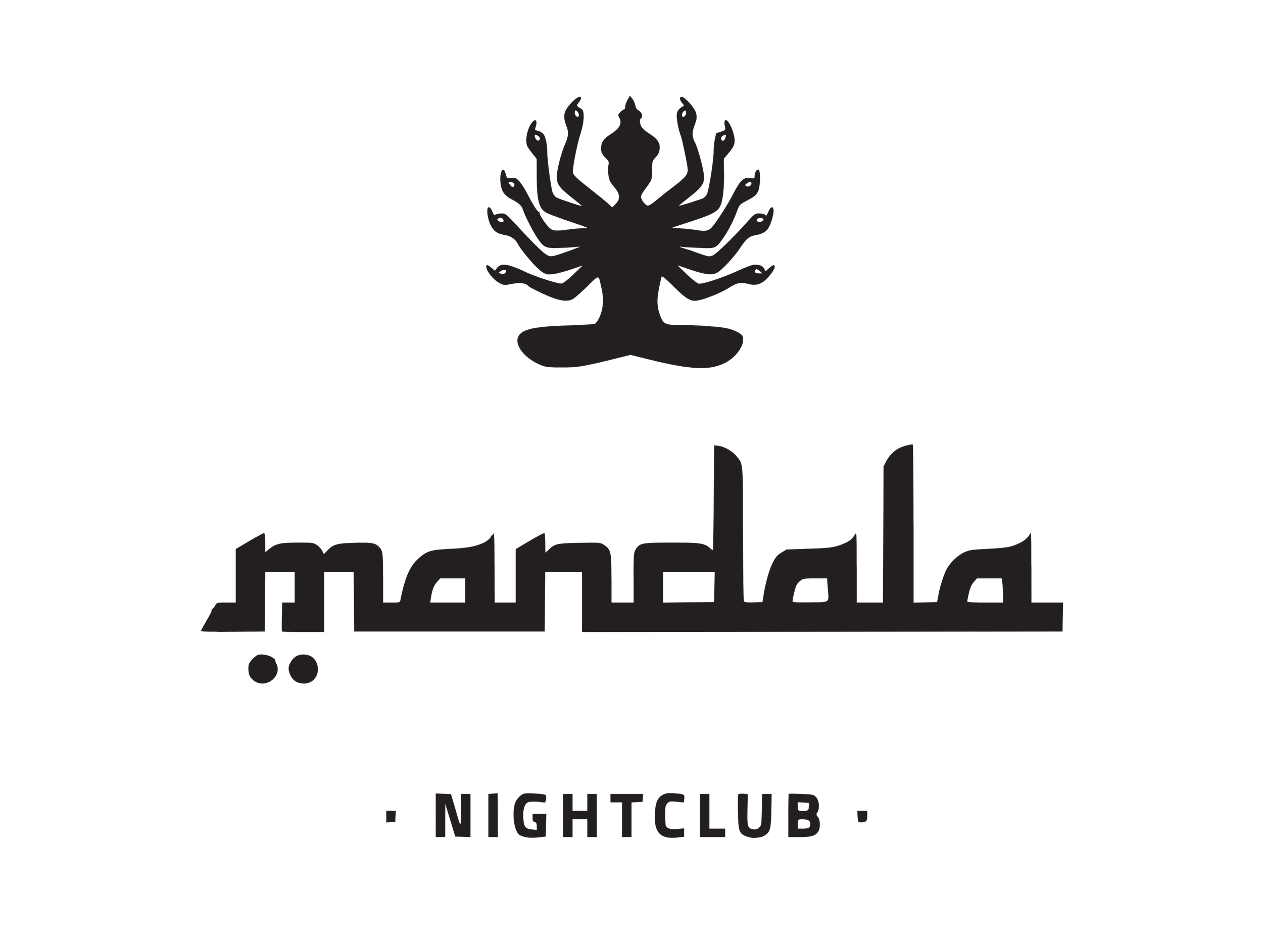 Logotipo de Mandala Nightclub con una figura de mandala en forma de árbol y texto en inglés y árabe.