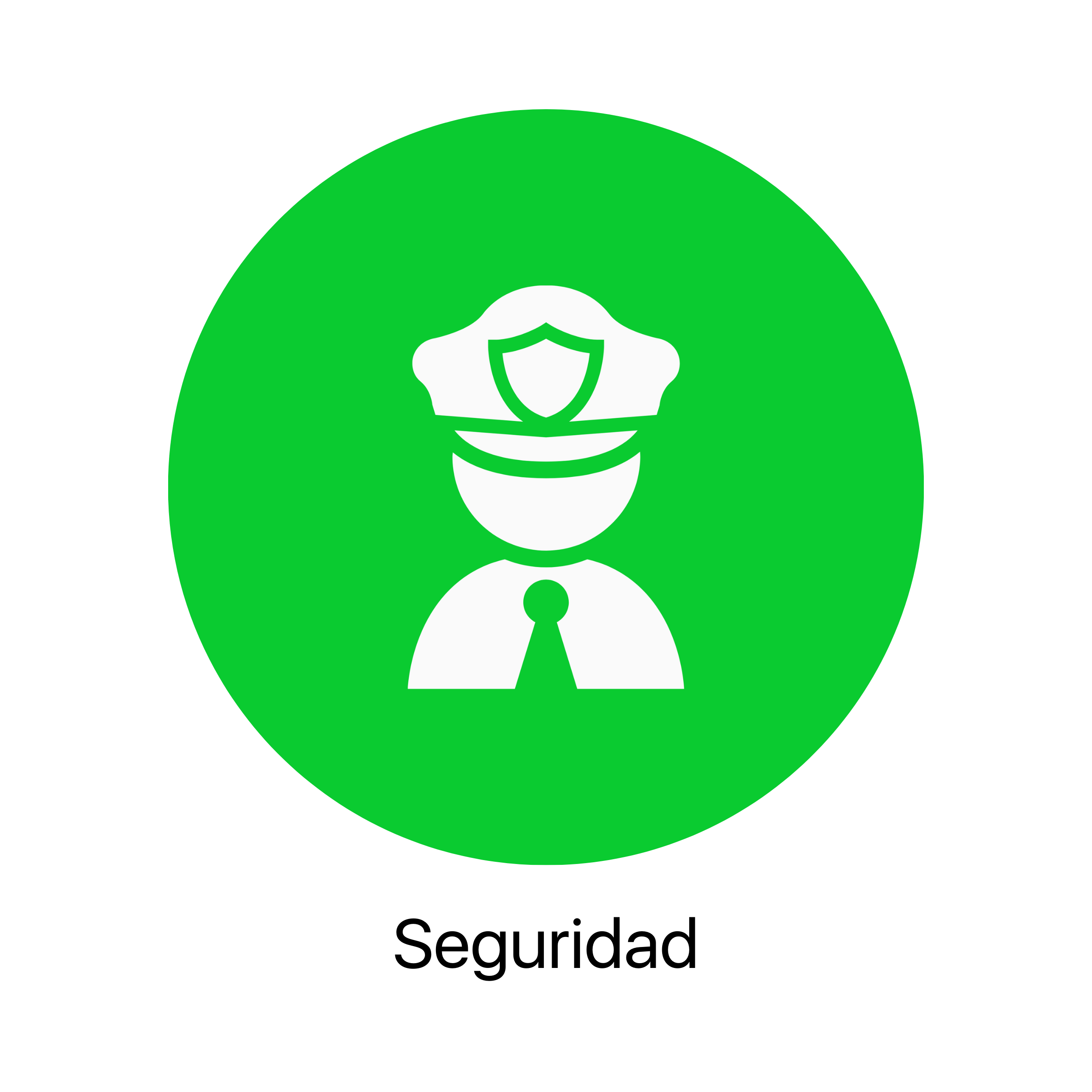 Icono de una persona con un uniforme de protección, casco y una insignia de protección en la cabeza, en un fondo verde circular.