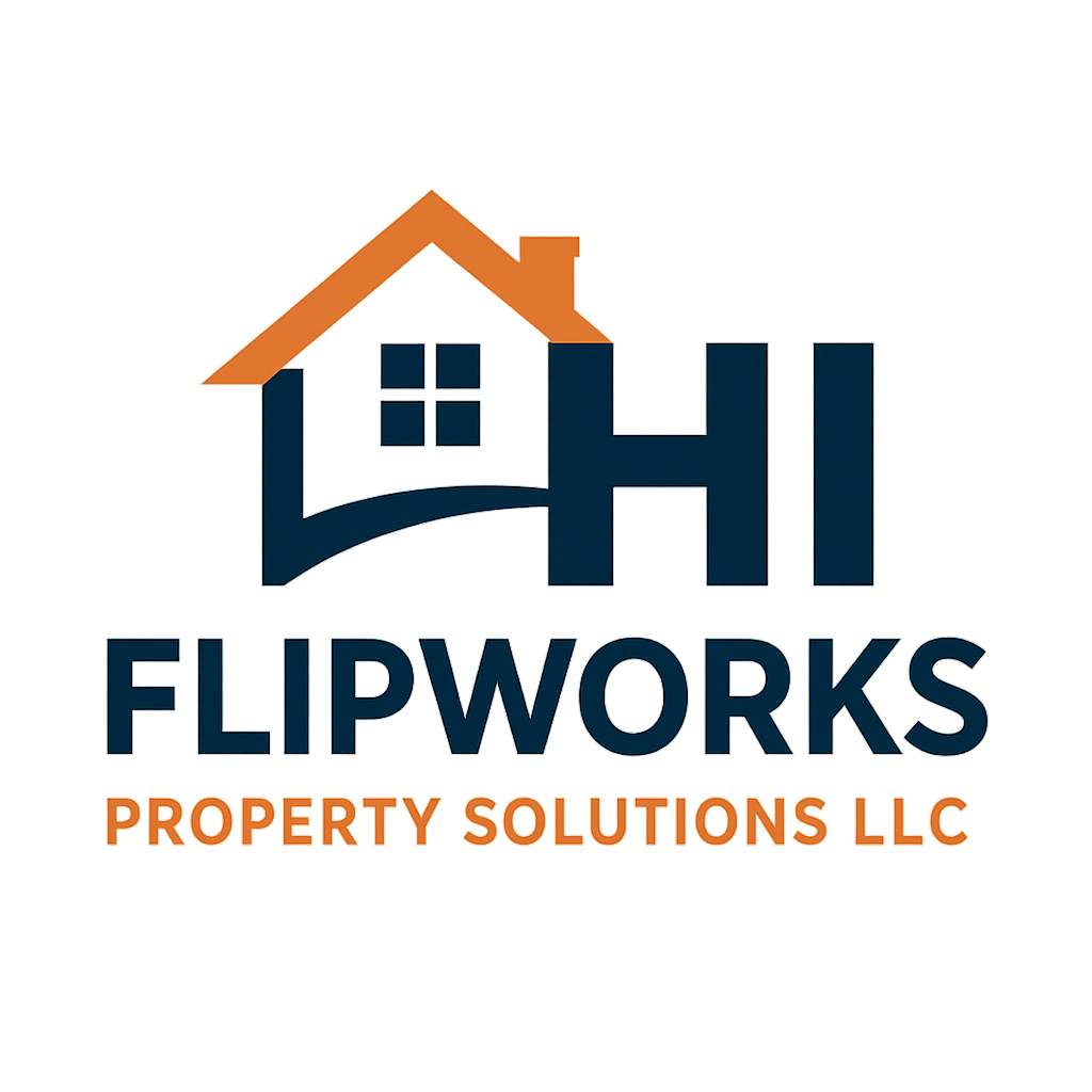 Logo featuring a house above the words "Flipworks Property Solutions LLC" with additional text below.