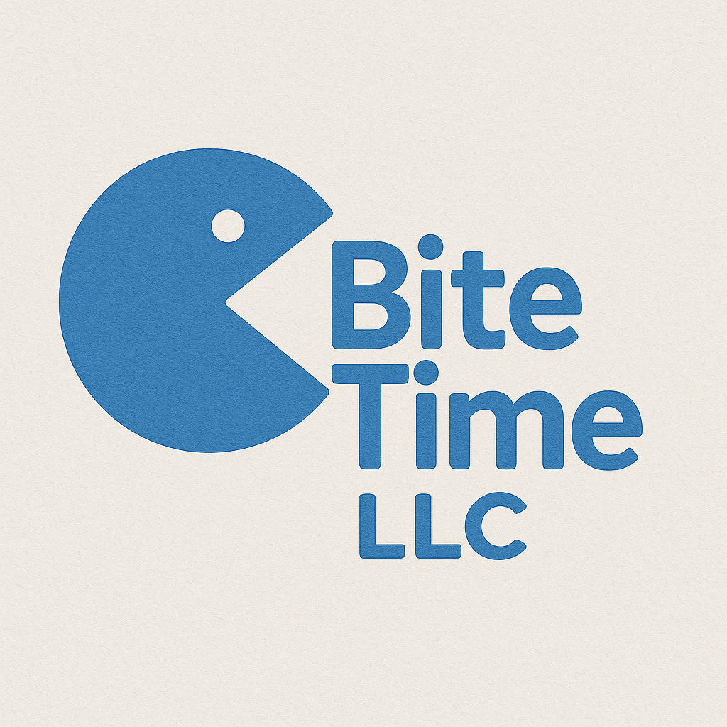 Logo for Bite Time LLC featuring a blue Pac-Man character with a small circle for an eye, and the company name in blue text.