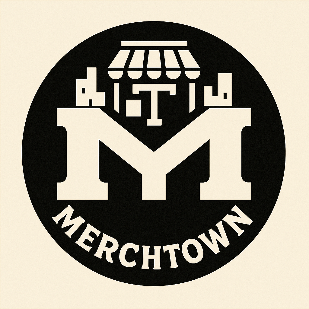 A black circular logo featuring the text 'MERCHTOWN' at the bottom, a large stylized 'M' in the center, and a small market stall icon with a striped canopy at the top.