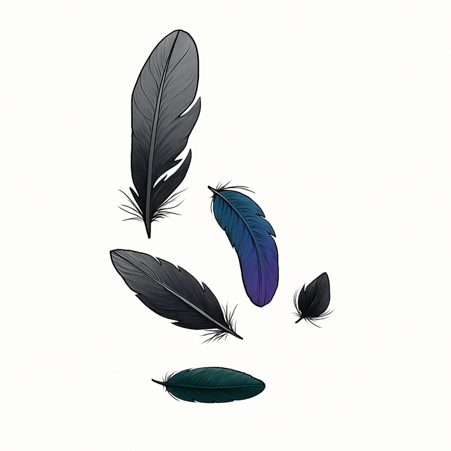 Collection of seven colorful feathers in black, blue, and green tones arranged on a white background.