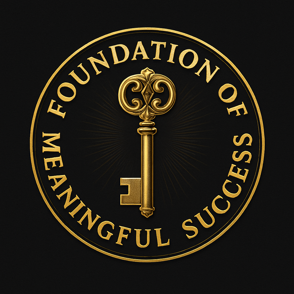 Gold key with ornate bow inside a black circular background with the gold text 'Foundation of Meaningful Success' around it.